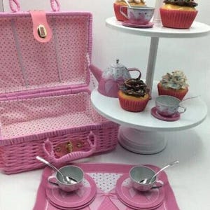 Children&#39;s pink bow tea set with serving tray and wicker carry case - girls cute gift - dainty pink bow