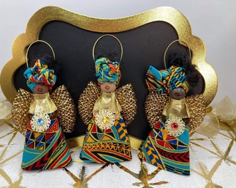 Handmade African Ornament, Ornament, Ankara, Afrocentric, Christmas Ornament, Angel, Holiday Decor, Cloth Doll, Kwanzaa - Turquoise Swirl