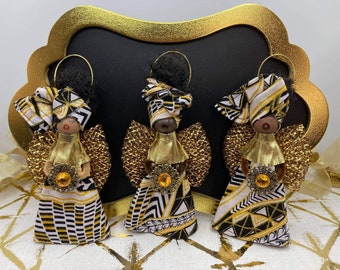 African Gold Ornament, Angel Ornament, Ankara, Afrocentric, Christmas Ornament, Holiday Decor, Handmade Ornament, Kwanzaa - White & Gold