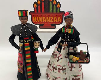 Kwanzaa Figurines, Male and Female Black Ethnic Figurines, Kinara Candleholder, Kwanzaa Education, Happy Kwanzaa Holiday, Red Black Green