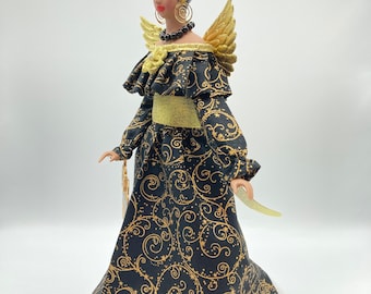 African American Queen Angel Tree Topper for the Holidays in Black and Gold 