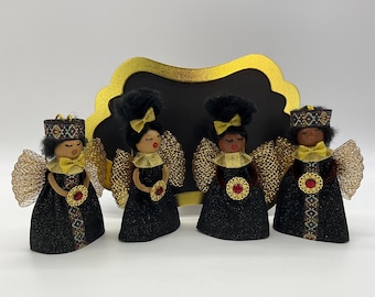Blessed Angel Ornaments - Male & Female Christmas Decor - Black and Gold  - Afrocentric Holiday Gift