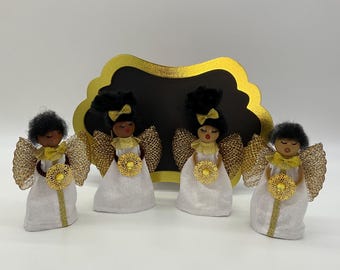 Blessed Angel Ornaments - Male & Female Christmas Decor - Winter White and Gold  - Afrocentric Holiday Gift