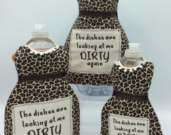 Kitchen dish soap bottle dress cover, bottle apron, housewarming gift - embroidered animal print
