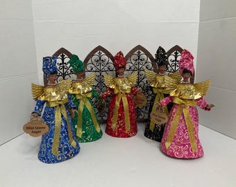 Small tree topper, african american angel tree topper, angels, gold christmas decor, small christmas ornaments - ankara swirl fabric