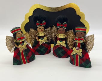 Blessed Angel Ornaments - African American Male & Female Christmas Decor - Red Black Green Plaid - Afrocentric Holiday Gift