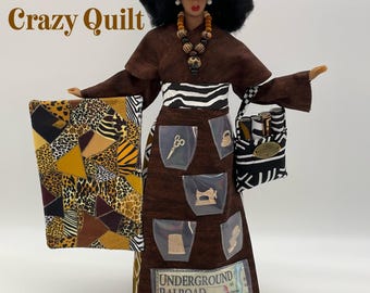 Quilt lady african american figurine holding mini small quilt - Crazy Quilt