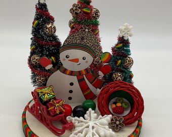 Afrocentric Snowman Christmas Assemblage Vignette Decor - Leopard, Red, Black, Green