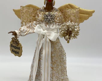 Elegant winter white angel tree topper with gold accents - holiday decor