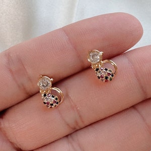 14K Gold Cat Earrings - Rainbow CZ Pave Gold Cat Studs - Gold Kitty Earrings - Dainty Cat Studs - Cat Earrings Studs - Tiny Stud Earrings