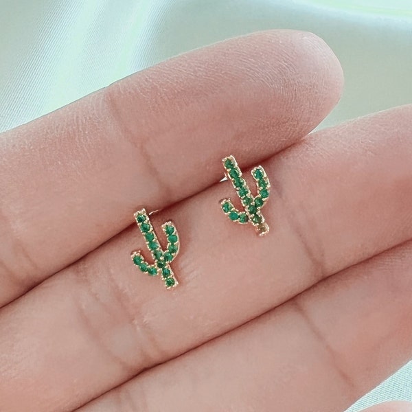 14K Gold Dainty Earrings - Emerald Studs - Cactus Stud Earrings - CZ Cactus Stud Earrings - Dainty Stud Earrings - Tiny Stud Earrings