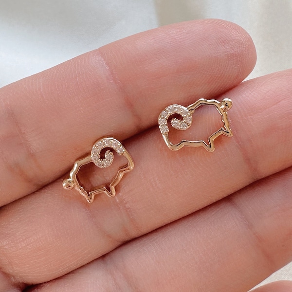 14K Gold Ram Earrings - Ram Stud Earrings - Dainty Stud Earrings - Animal Earrings - Nature Earrings - Tiny Earrings - Small Stud Earrings