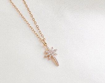 14K Gold North Star Necklace: Dainty CZ Celestial Pendant