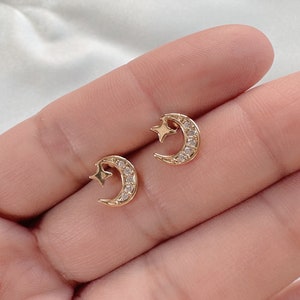 14K Gold Moon Star Stud Earrings - Dainty Moon Studs - Tiny Pave CZ Moon and Star Stud - Cute Stud Earrings - Tiny Stud Earrings
