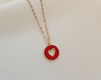 14K Gold Heart Necklace - Red Heart Necklace - Dainty Heart Necklace - Dainty Heart Pendant - Heart Locket Necklace - Anniversary Gift