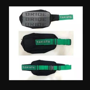 May include: A black fanny pack with a green strap that says "TAKATA" on it. The front of the bag has a gray fabric panel with the word "BRIDE" repeated three times.