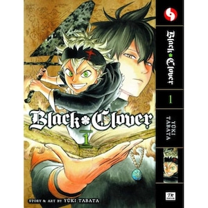 Puede incluir: La portada del manga "Black Clover" volumen 1 presenta dos personajes de anime. Uno es un joven con ojos verdes y pelo rubio puntiagudo, sosteniendo una espada. El otro es un hombre con pelo negro. El t&iacute;tulo est&aacute; en una fuente estilizada.