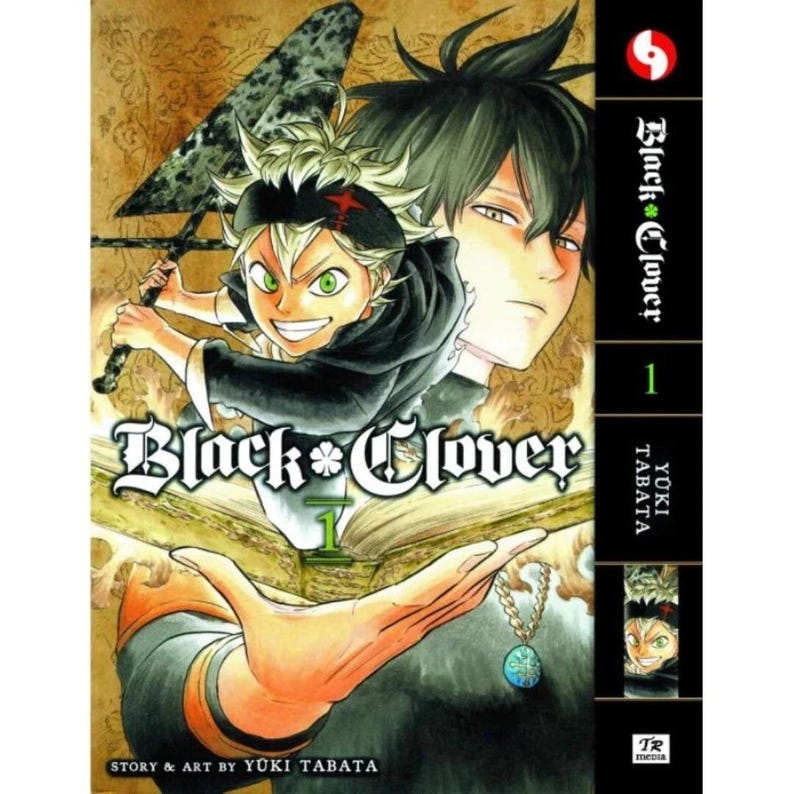 Puede incluir: La portada del manga "Black Clover" volumen 1 presenta dos personajes de anime. Uno es un joven con ojos verdes y pelo rubio puntiagudo, sosteniendo una espada. El otro es un hombre con pelo negro. El t&iacute;tulo est&aacute; en una fuente estilizada.