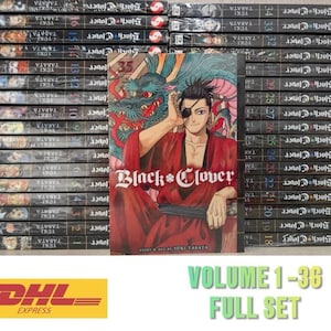 Puede incluir: Un conjunto completo de mangas "Black Clover", vol&uacute;menes 1-36. La imagen muestra una pila de libros manga con el t&iacute;tulo "Black Clover" en los lomos. La portada del volumen 35 es visible, con un personaje con una t&uacute;nica roja y un drag&oacute;n.
