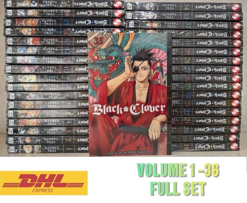 Puede incluir: Un conjunto completo de mangas "Black Clover", vol&uacute;menes 1-36. La imagen muestra una pila de libros manga con el t&iacute;tulo "Black Clover" en los lomos. La portada del volumen 35 es visible, con un personaje con una t&uacute;nica roja y un drag&oacute;n.