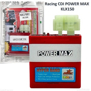 May include: Red and white racing CDI power max for KLX150 motorcycle. The CDI unit has a black and blue sticker with the text "Hyper Band" and features like "Fuzzy Logic", "Blue Eyes", "Auto Low Voltage Protection", and "Multi Step Ignition Curve".