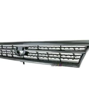 May include: Black plastic car grille with a chrome trim. The grille has a horizontal pattern with a small emblem in the centre.