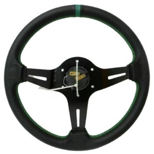 Set Steering Wheel 3 Spoke Racing Style Leather Green Stitching WHorn Button 14&quot; Expedite Shipping