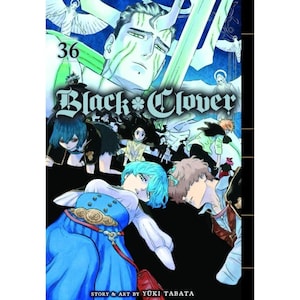 Puede incluir: Portada del volumen 36 del manga Black Clover. La portada presenta una ilustraci&oacute;n detallada de varios personajes con colores de cabello vibrantes, incluyendo azul, negro y rubio. El t&iacute;tulo se muestra de forma destacada, con el n&uacute;mero 36 en la esquina superior izquierda.