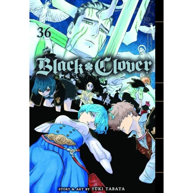 Puede incluir: Portada del volumen 36 del manga Black Clover. La portada presenta una ilustraci&oacute;n detallada de varios personajes con colores de cabello vibrantes, incluyendo azul, negro y rubio. El t&iacute;tulo se muestra de forma destacada, con el n&uacute;mero 36 en la esquina superior izquierda.