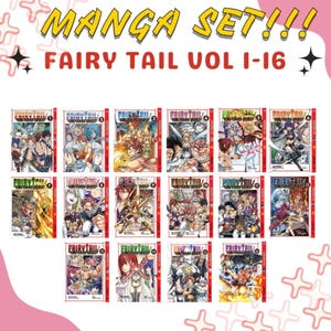 Può includere: Un set di sedici volumi del manga "Fairy Tail". Ogni volume presenta illustrazioni colorate di personaggi in azione. Il titolo "MANGA SET!!!" è visualizzato in alto, con "FAIRY TAIL VOL 1-16" sotto.