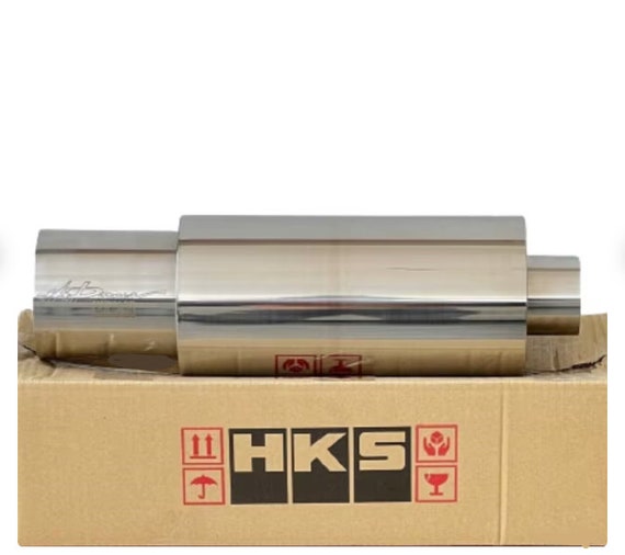thumbnail interactive-video image 1 of HKS Hi-Power Universal Muffler – 2.5" Inlet, 4" Outlet, Stainless Steel, Single Exit 1 of 2
