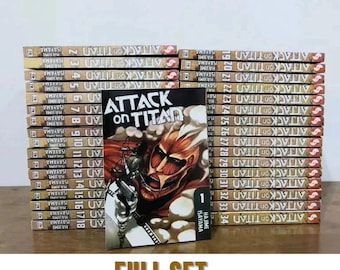 May include: A full set of "Attack on Titan" manga volumes. The image shows a collection of manga books, with the first volume prominently displayed in front. The spines of the books are visible, with the title and author's name. The words "FULL SET" are at the bottom.