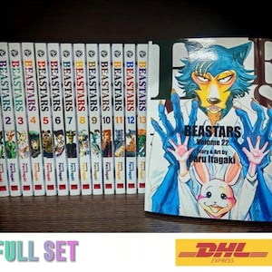 Könnte beinhalten: Eine Sammlung von Manga-Bänden mit dem Titel "BEASTARS". Die Buchrücken sind weiß mit dem Titel und den Bandnummern. Band 22 ist prominent dargestellt und zeigt einen wolfsähnlichen Charakter und ein Kaninchen. Der Text "FULL SET" steht unten.