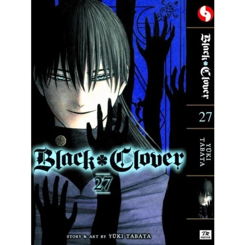 Puede incluir: Portada del manga Black Clover Volumen 27. Presenta un personaje con cabello negro y un atuendo oscuro. El t&iacute;tulo "Black Clover" est&aacute; en una fuente estilizada, con el n&uacute;mero 27 debajo. Tambi&eacute;n es visible el nombre del autor, Yuki Tabata.