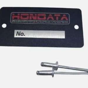 May include: A black rectangular plate with the word "HONDATA" in red and binary code above a silver section labeled "No." Two silver rivets are below the plate.