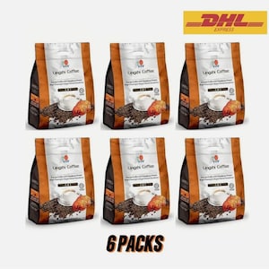 May include: Six packs of Lingzhi Coffee, each in a brown and white bag with orange accents. The bags feature a coffee cup and a mushroom illustration. The DHL Express logo is visible in the top right corner. The text "6 PACKS" is at the bottom.