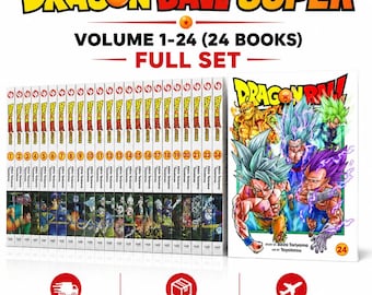 Può includere: Un set completo di 24 volumi manga Dragon Ball Super allineati, con dorsi bianchi e testo arancione e nero. La copertina del volume 24 mostra personaggi anime colorati con capelli a punta in pose d'azione dinamiche.