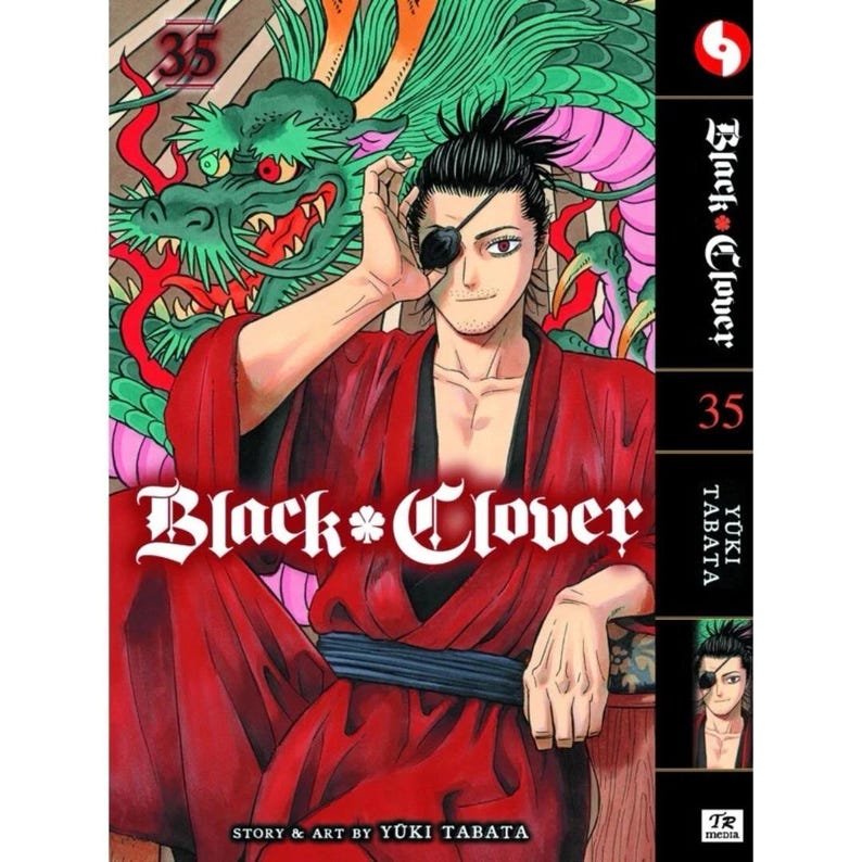Puede incluir: Portada del manga Black Clover Volumen 35. La portada presenta un personaje con una t&uacute;nica roja y un parche en el ojo. El t&iacute;tulo "Black Clover" est&aacute; en una fuente estilizada. El fondo incluye una ilustraci&oacute;n de un drag&oacute;n verde.