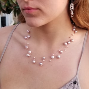 Freshwater Pearl Necklace, Illusion Necklace, 18&quot;, Lavender Real Pearls, Multi-Strand Necklace, Bridesmaid Necklace, Floating Pearl Necklace