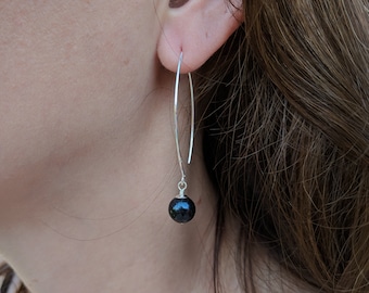 Freshwater Black Pearl Earrings: Sterling Silver, Open Hoop, Long Drop Earrings, Threader Earrings, Drop and Dangle, Real Pearls