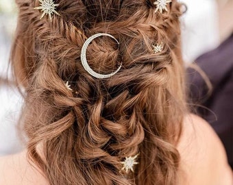 Bridal Hair Pin Celestial Moon Star Hair Pin Clip Hair Jewelry Vintage Style  Wedding Hair Accessory Crystal and Silver Hair Pin Halloween