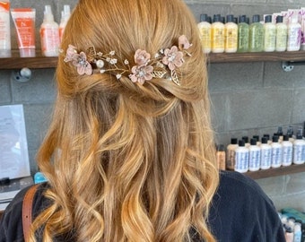 Bridal Hair Pin Pearl Crystal Clip Flower Wedding Hairpin Flower Hair Clip Wedding Hair Accessory Dusty Pink Gold Hair Piece Bridesmaid Gift