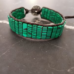 Boho Leather Malachite Stone Wrap Bracelet with Tube Beads, Adjustable Length Green Stone with Brown Leather Gemstone Bracelet