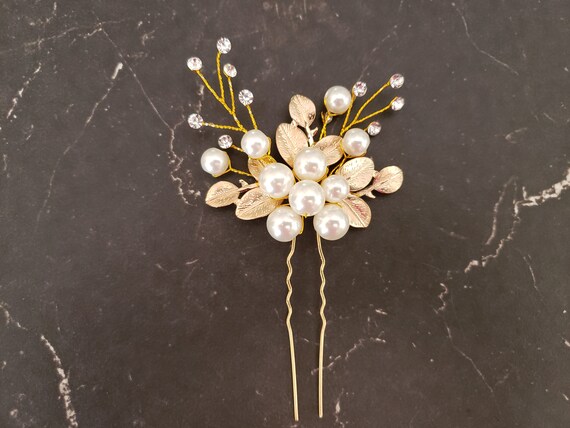 Crystal Pearl Bridal Hair Pin - Golden Flower Wedding Hair  display picture 1