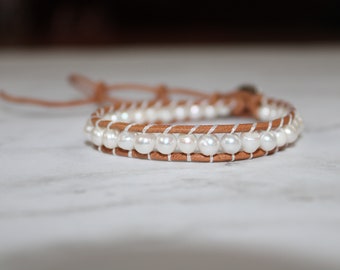 Leather and Freshwater Pearl Wrap Bracelet Summer Jewelry White Pearl Real Pearl Adjustable Length Boho Leather Wrap Bracelet Gift For Her