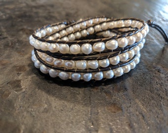 Leather and Freshwater Pearl Wrap Bracelet White Pearls Real Pearls Adjustable Length Boho Leather Wrap Bracelet Beach Jewelry