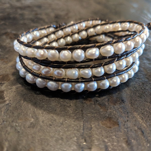 Leather and Freshwater Pearl Wrap Bracelet, White Pearls, Real Pearls, Adjustable Length, Boho Leather Wrap Bracelet - Free Shipping