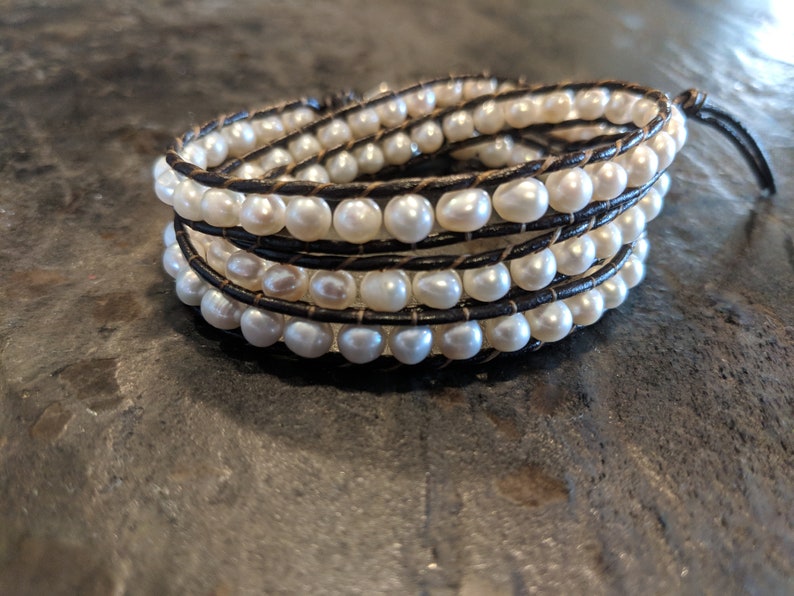 Leather and Freshwater Pearl Wrap Bracelet White Pearls Real Etsy