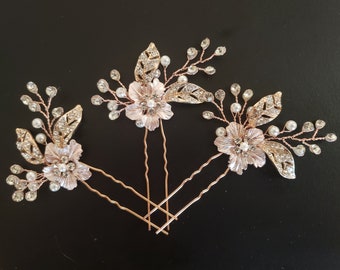 Bridal Hair Pins, Crystal and Pearl Flower Hair Pins, Rose Gold Hair Vine, Rose Gold Wedding Hair Accessory, Bridal Shower Gift