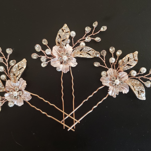 Bridal Hair Pins, Crystal and Pearl Flower Hair Pins, Rose Gold Hair Vine, Rose Gold Wedding Hair Accessory, Bridal Shower Gift